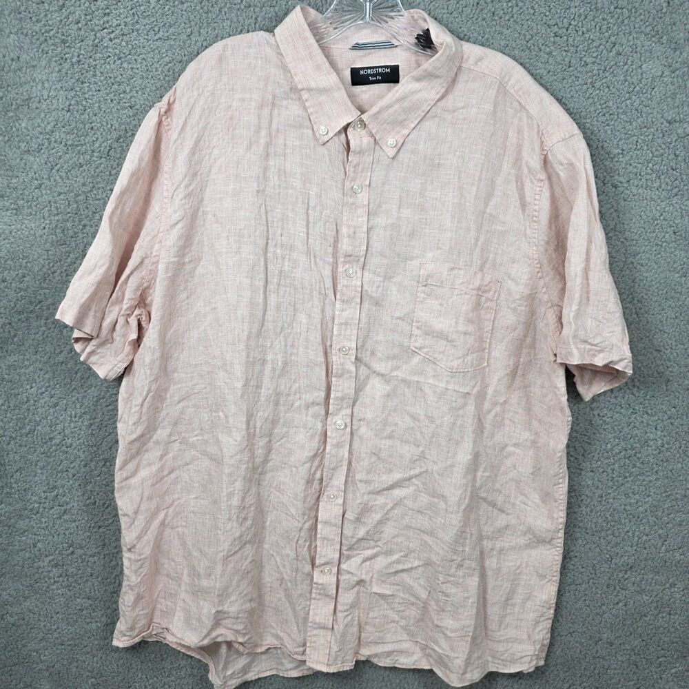 Nordstrom Trim Fit 100% Linen Short Sleeve Button Shirt Pink Textured Size 3XL